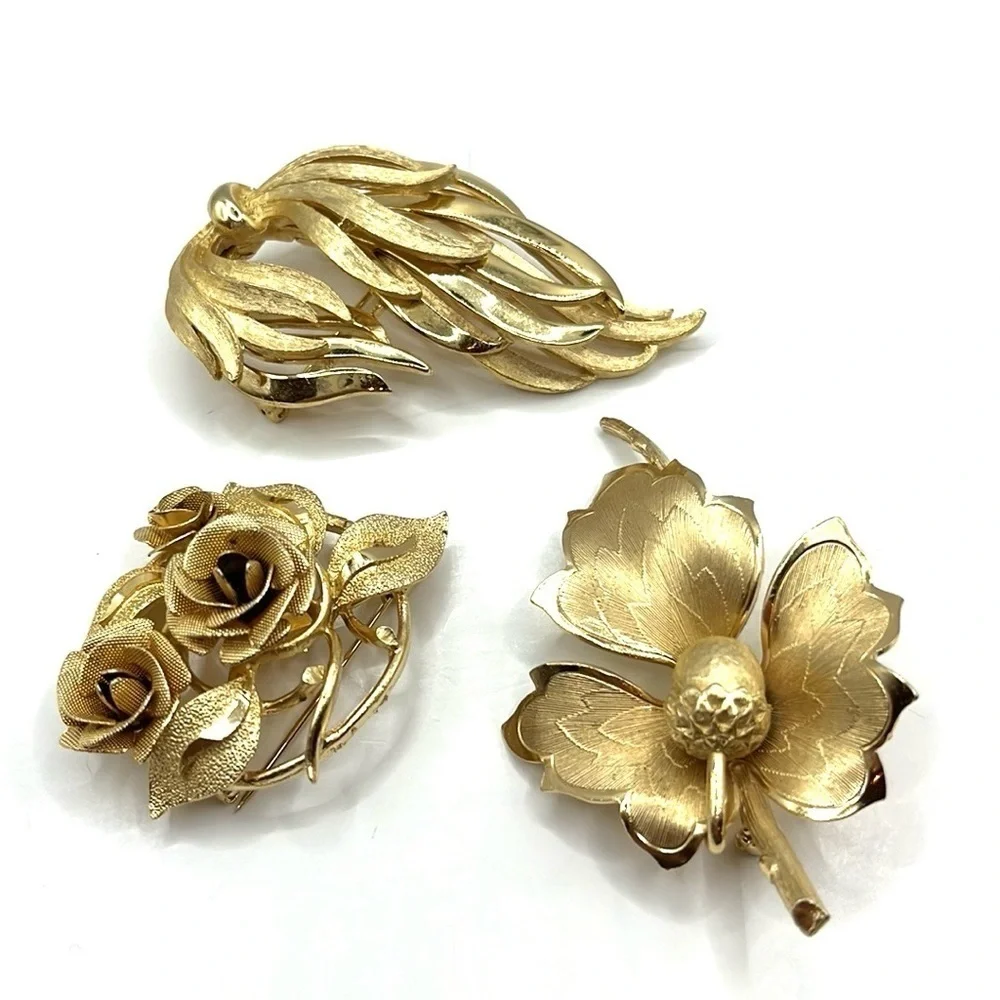Vintage Brooches Roses Leaf Acorn Ribbon Pin Gold Tone Pins 3 VTG